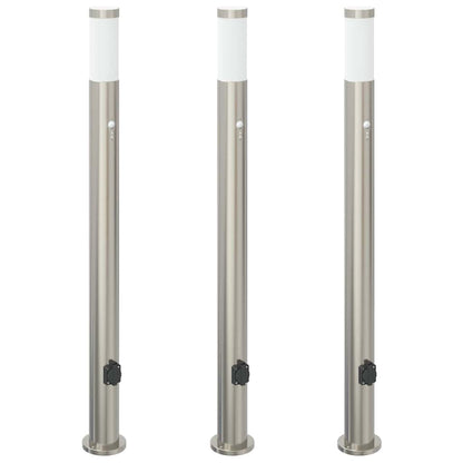 Pollerleuchten mit Sensor&Steckdose 3er 110 cm Edelstahl IP44