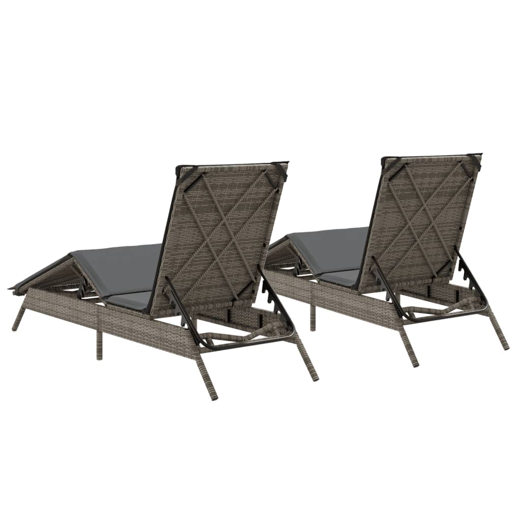 Chaises longues avec coussins, lot de 2, en résine tressée grise