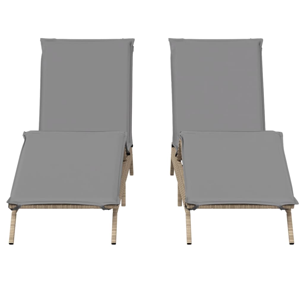 Chaises longues avec coussins, lot de 2, en résine tressée beige