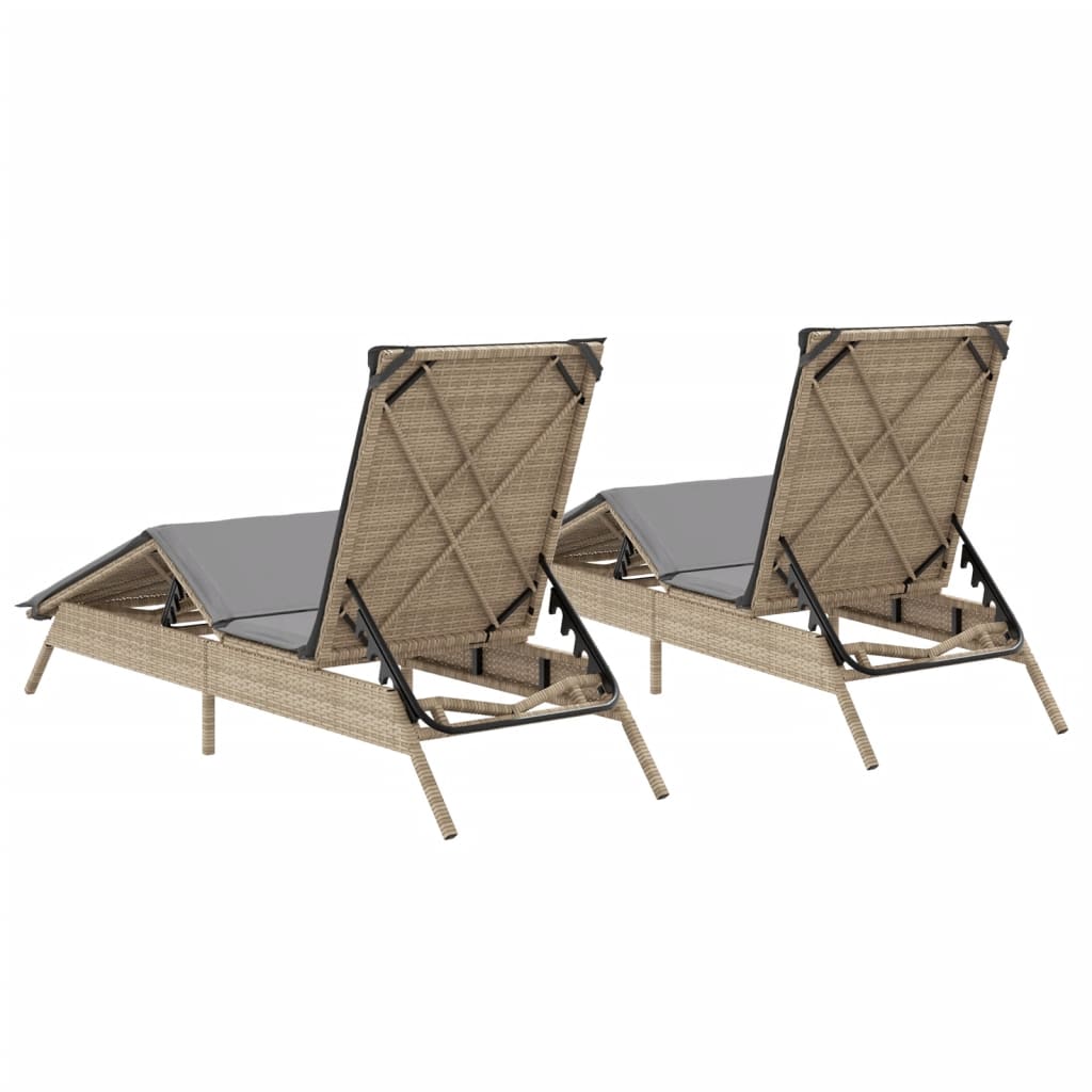 Chaises longues avec coussins, lot de 2, en résine tressée beige