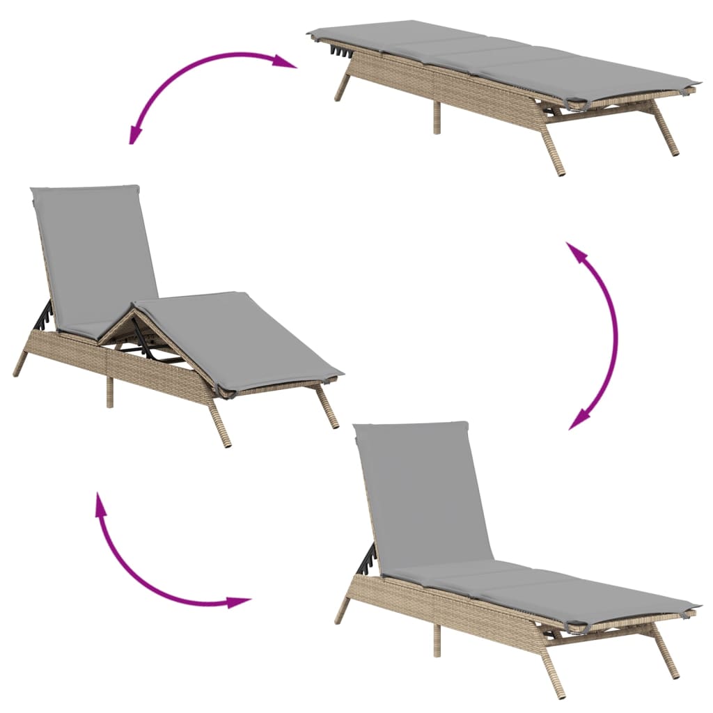Chaises longues avec coussins, lot de 2, en résine tressée beige
