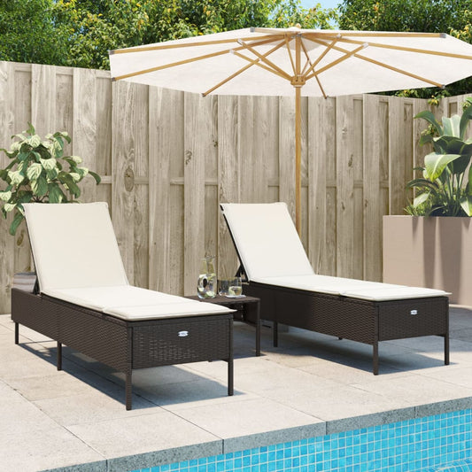 Chaises longues avec coussins, lot de 2, en résine tressée marron