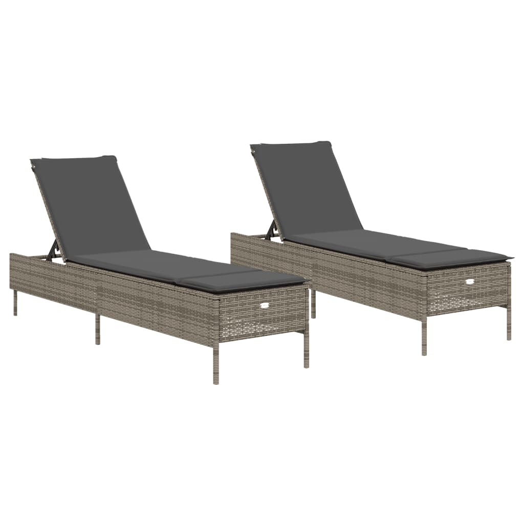 Chaises longues avec coussins, lot de 2, en résine tressée grise
