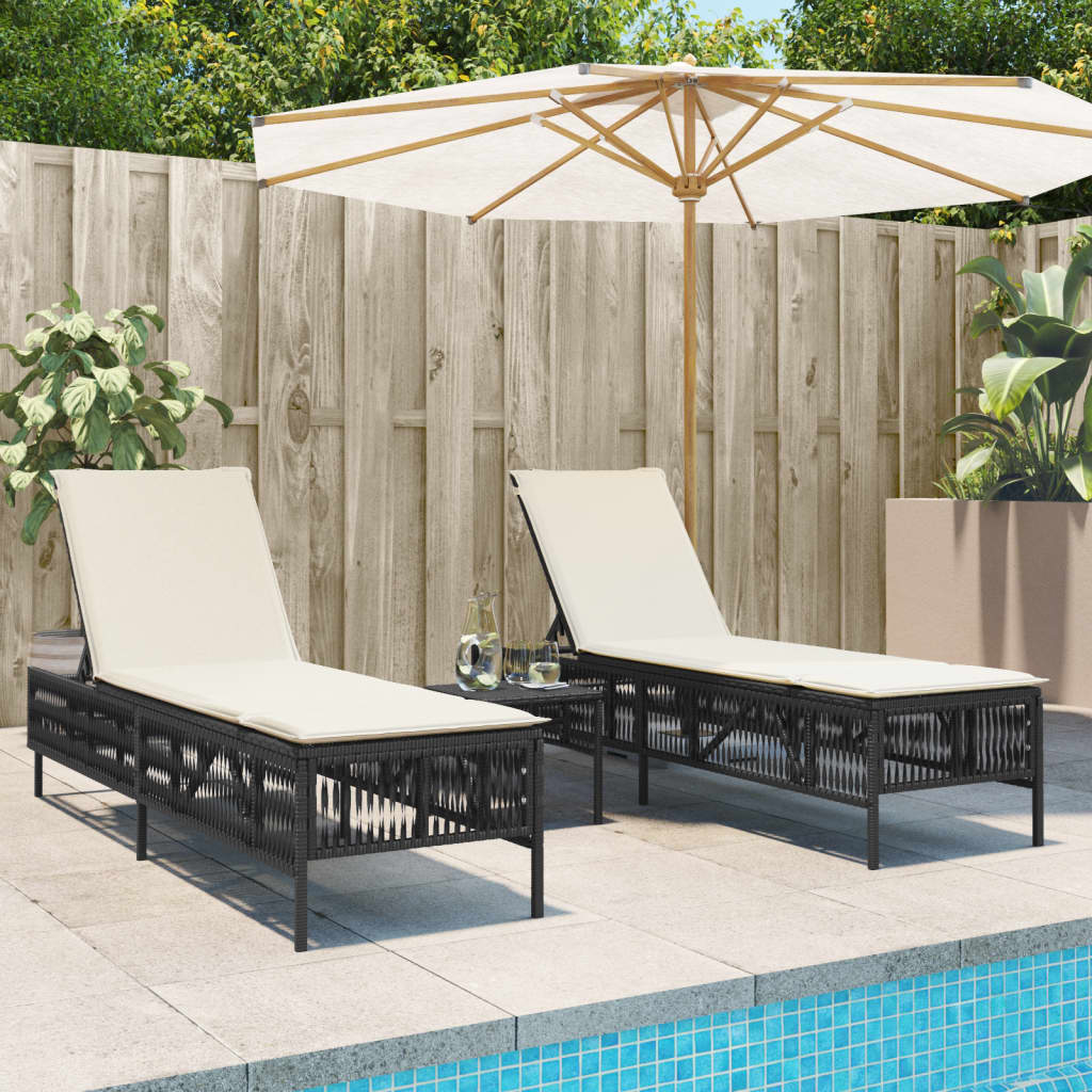 Sun loungers with cushions 2 pcs. Black poly rattan