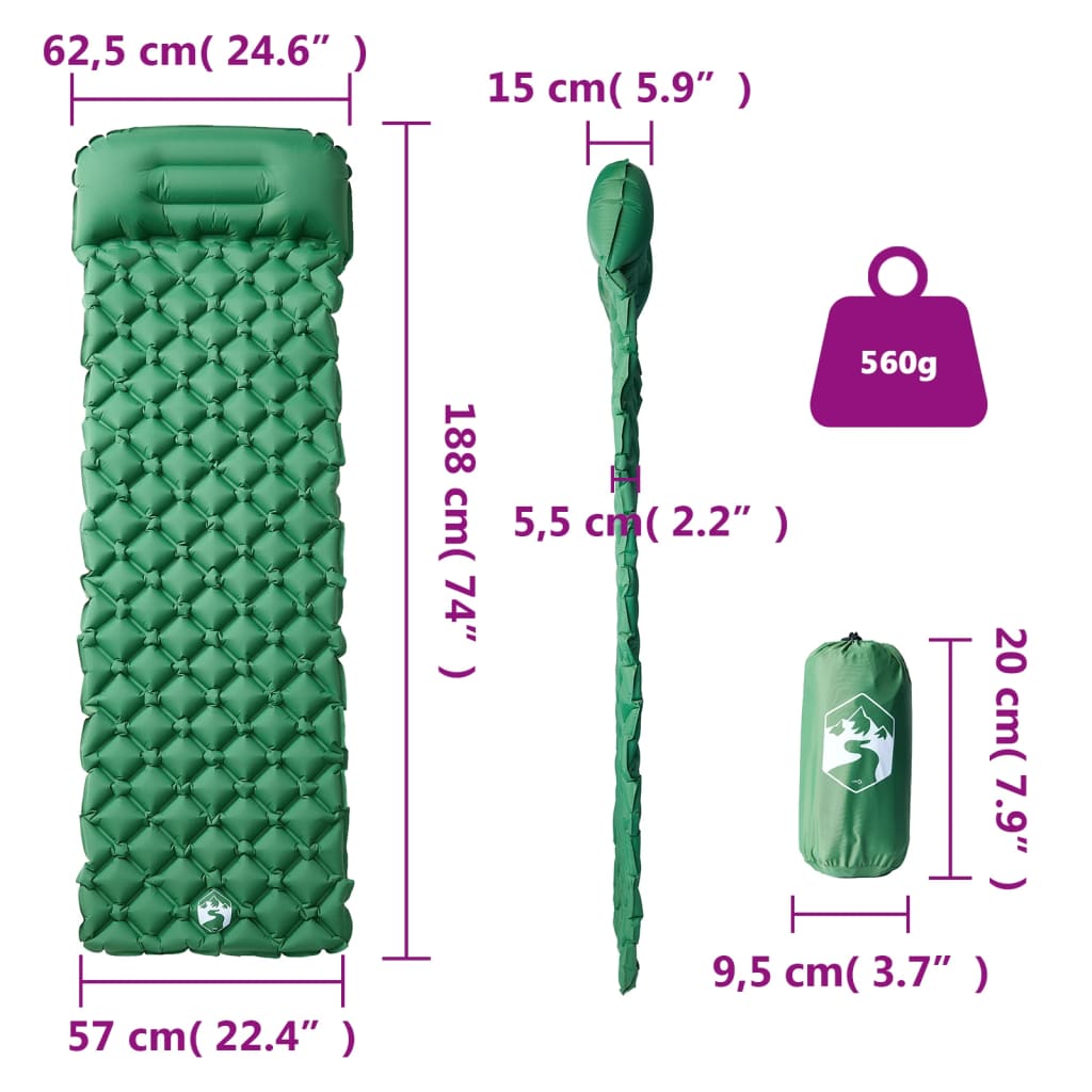 Matelas gonflable avec oreiller vert