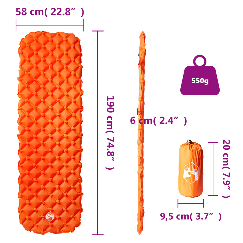 Tapis de couchage gonflable orange 190x58x6 cm