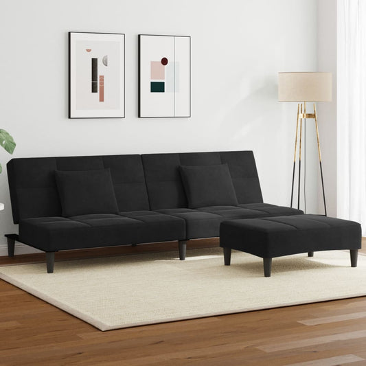 Schlafsofa 2-Sitzer mit Fußhocker Schwarz Samt