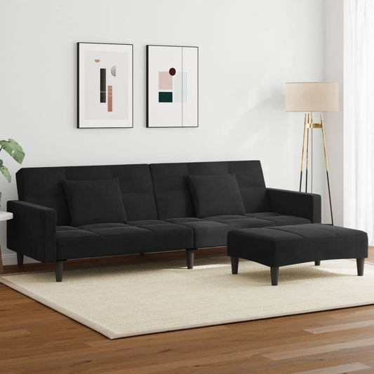 Schlafsofa 2-Sitzer mit Fußhocker Schwarz Samt
