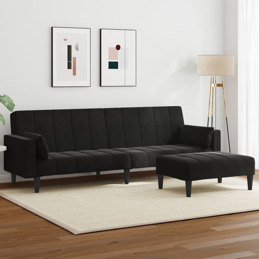 Schlafsofa 2-Sitzer mit Fußhocker Schwarz Samt