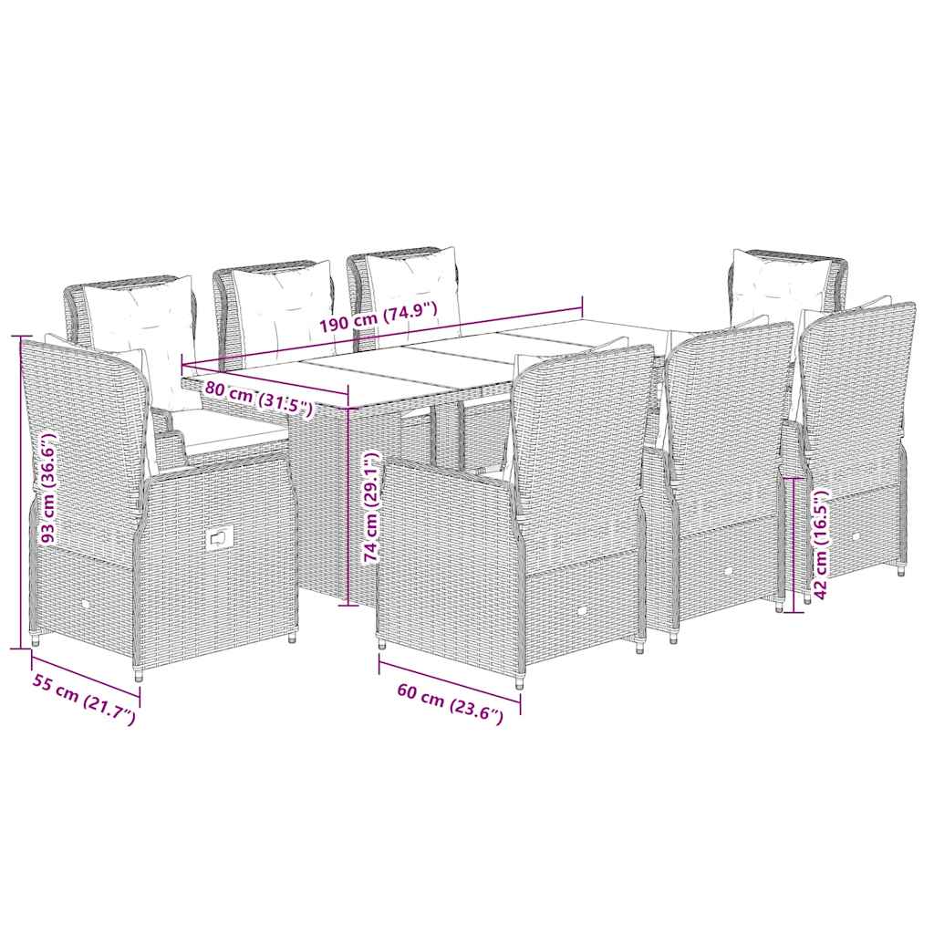 9-tlg. Garten-Essgruppe mit Kissen Grau Poly Rattan