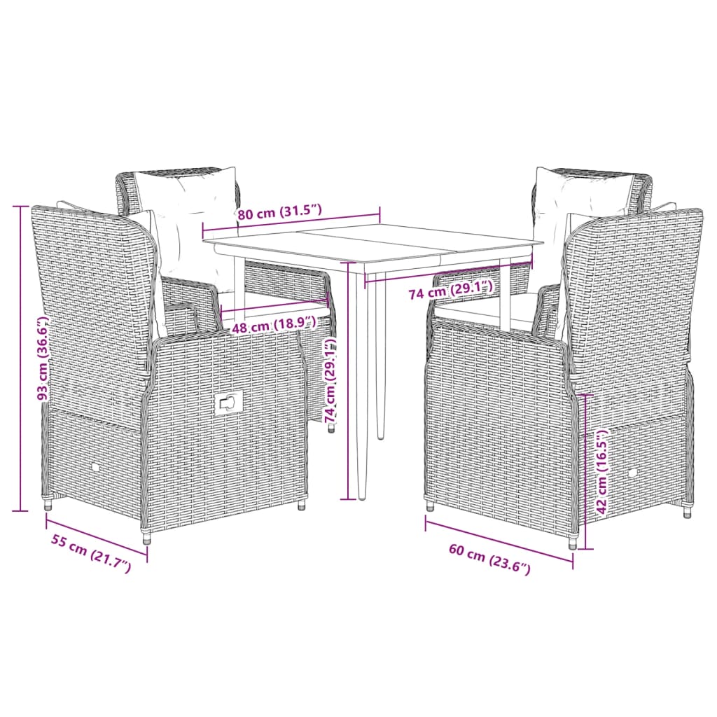 5-tlg. Garten-Essgruppe mit Kissen Schwarz Poly Rattan