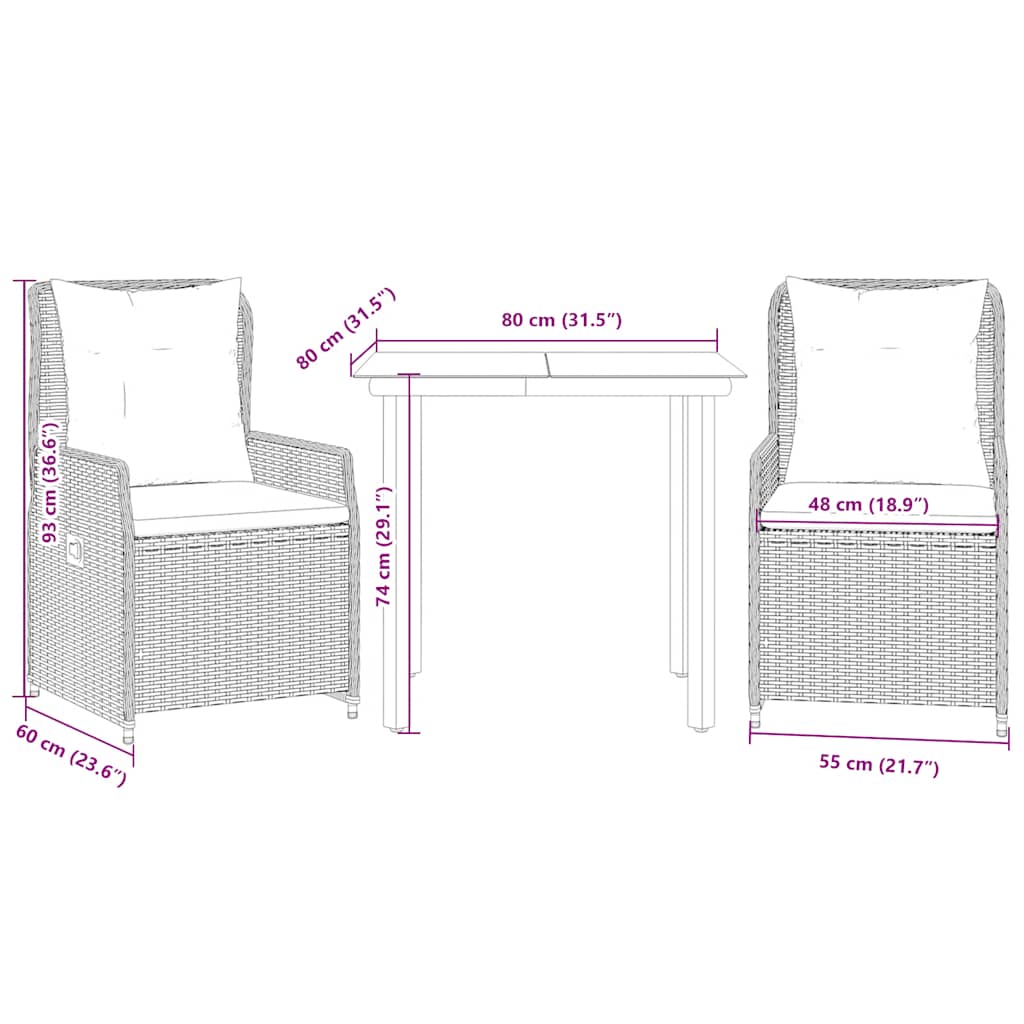 3-tlg. Garten-Essgruppe mit Kissen Schwarz Poly Rattan
