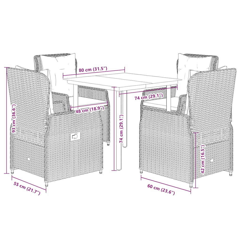 5-tlg. Garten-Essgruppe mit Kissen Schwarz Poly Rattan