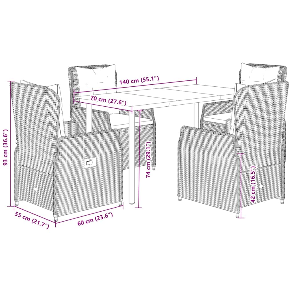 5-tlg. Garten-Essgruppe mit Kissen Schwarz Poly Rattan