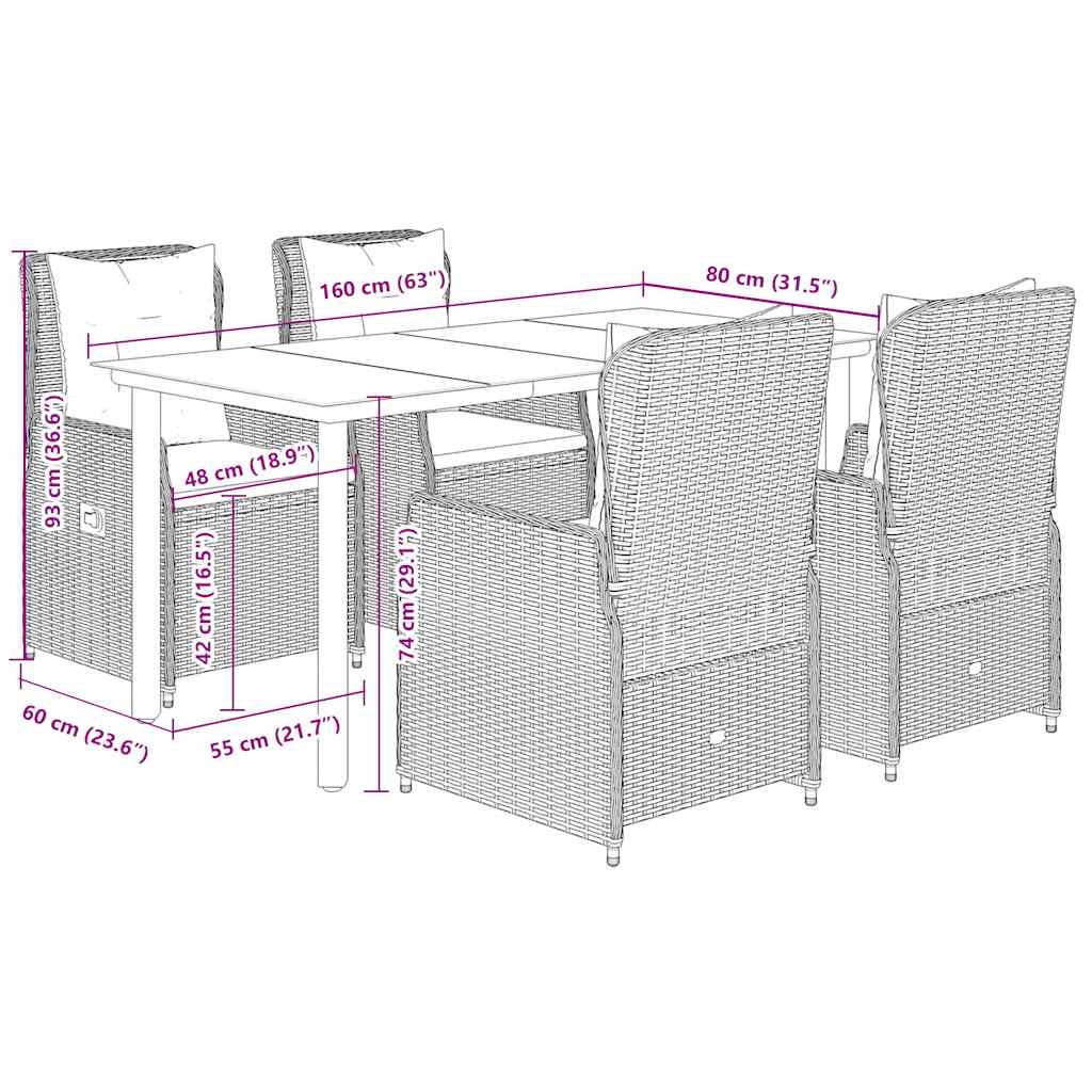 5-tlg. Garten-Essgruppe mit Kissen Schwarz Poly Rattan