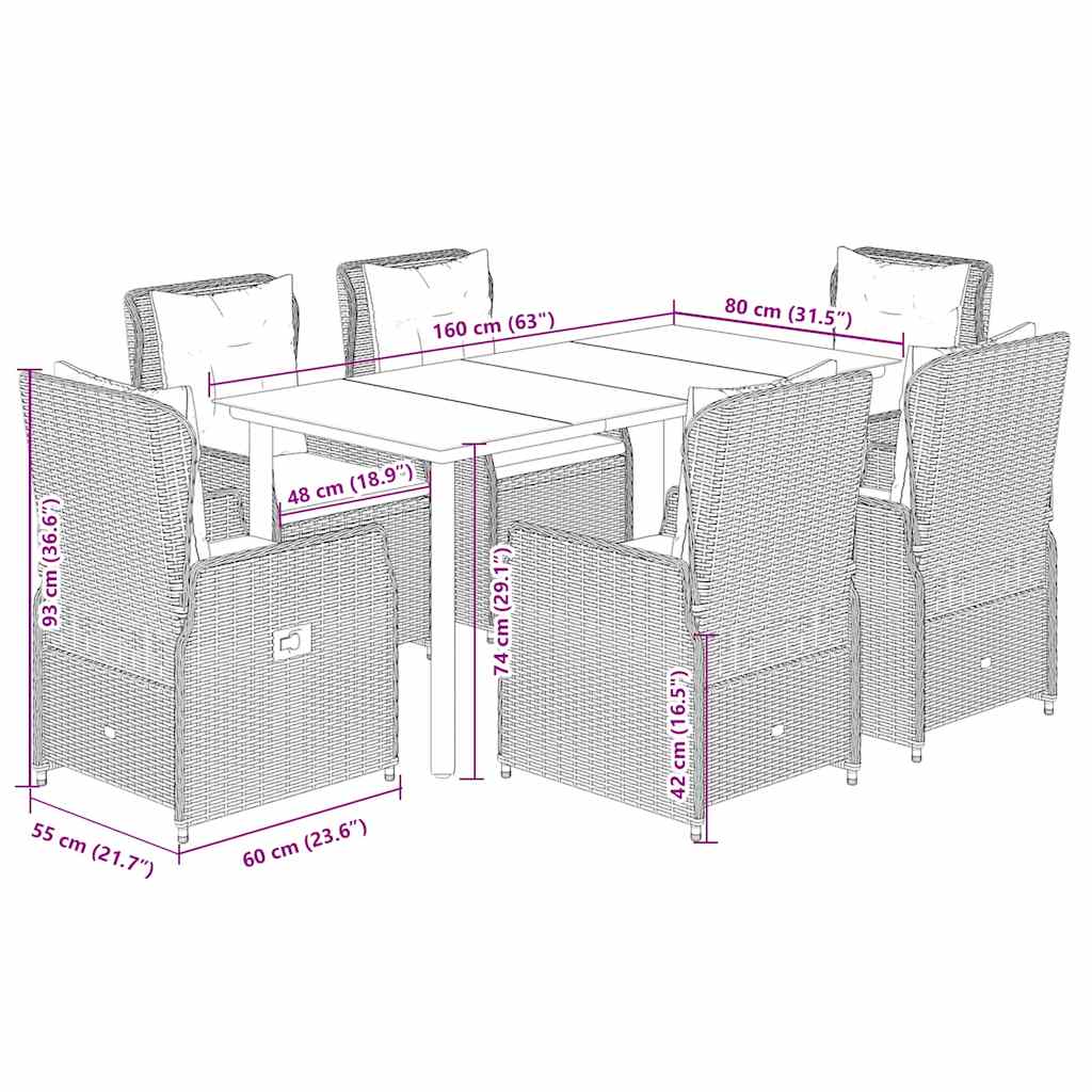 7-tlg. Garten-Essgruppe mit Kissen Schwarz Poly Rattan