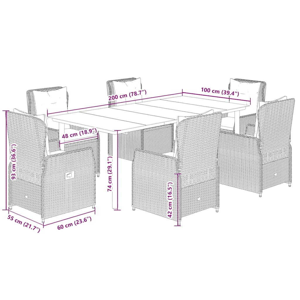7-tlg. Garten-Essgruppe mit Kissen Schwarz Poly Rattan