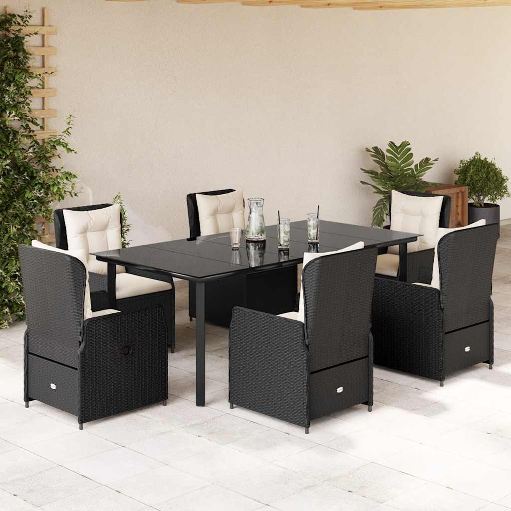 7-tlg. Garten-Essgruppe mit Kissen Schwarz Poly Rattan