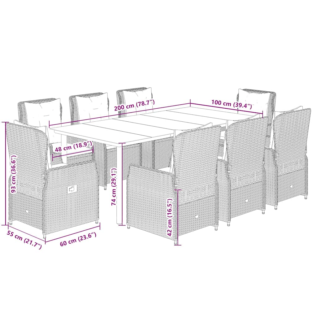 9-tlg. Garten-Essgruppe mit Kissen Schwarz Poly Rattan