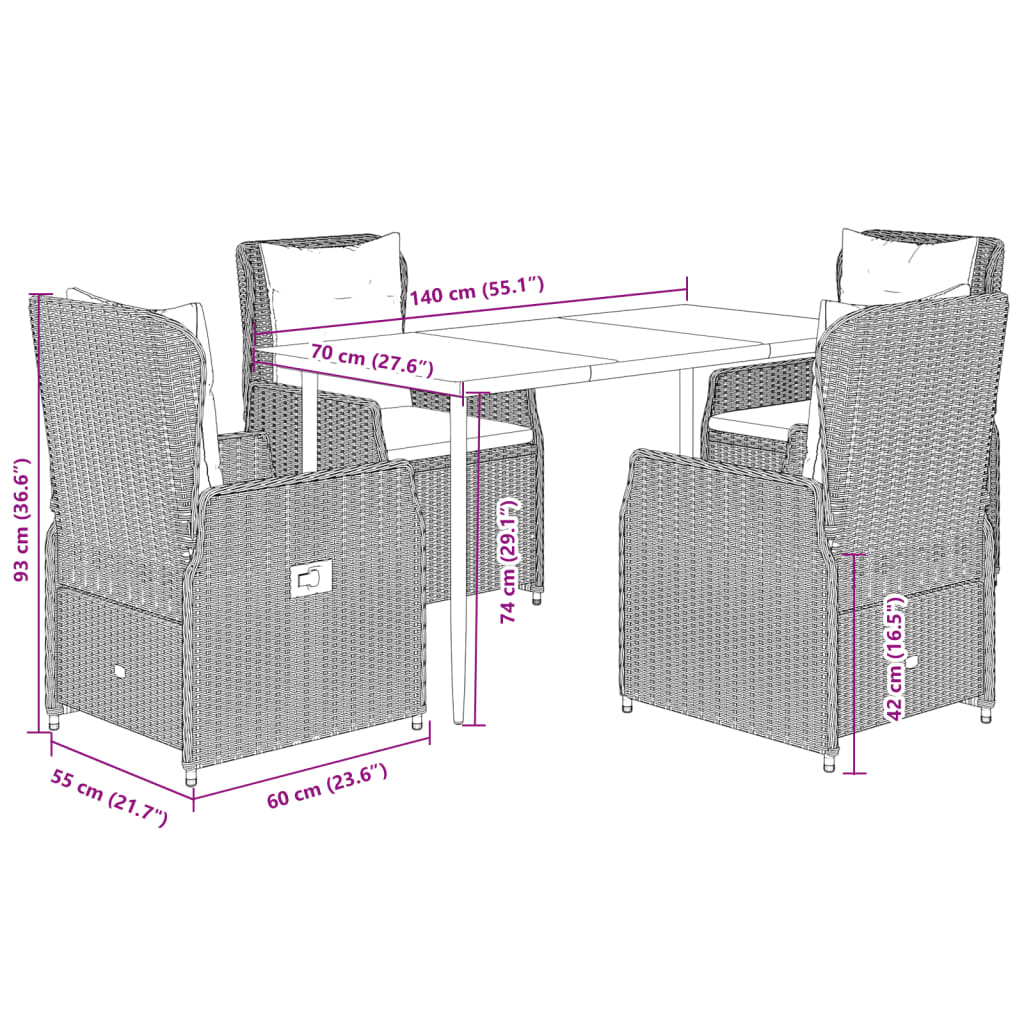 5-tlg. Garten-Essgruppe mit Kissen Braun Poly Rattan