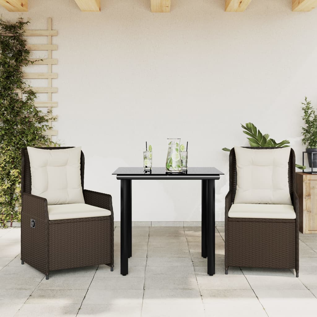 3-tlg. Garten-Essgruppe mit Kissen Braun Poly Rattan