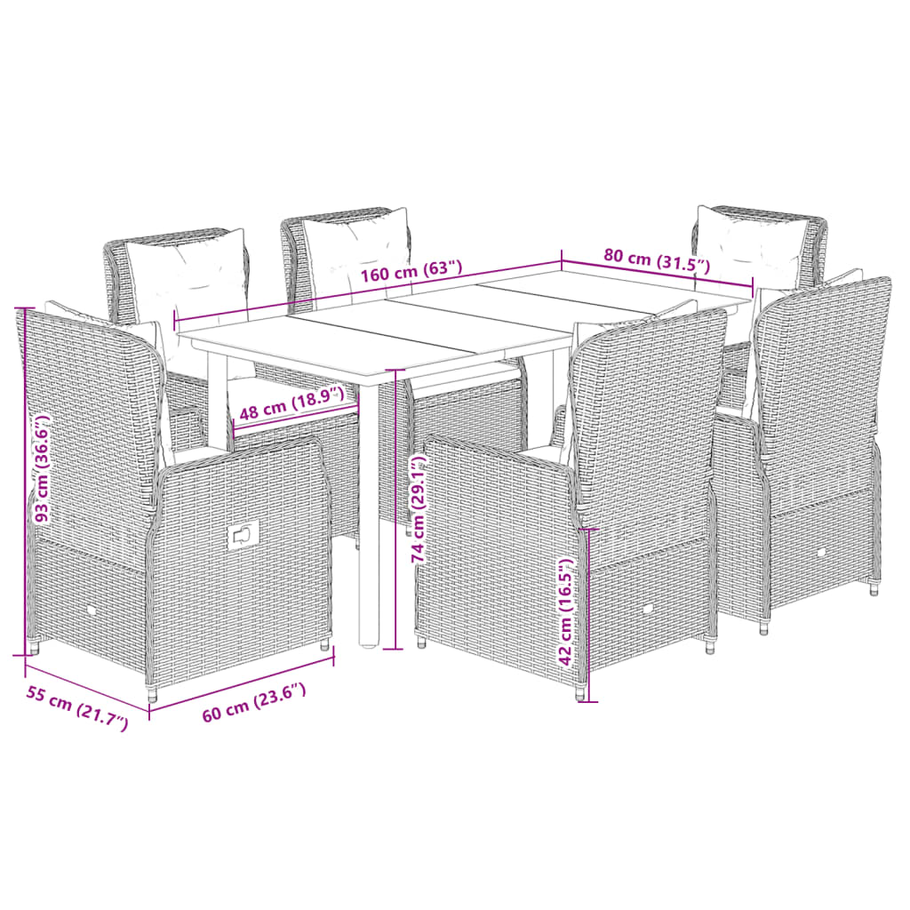 7-tlg. Garten-Essgruppe mit Kissen Braun Poly Rattan
