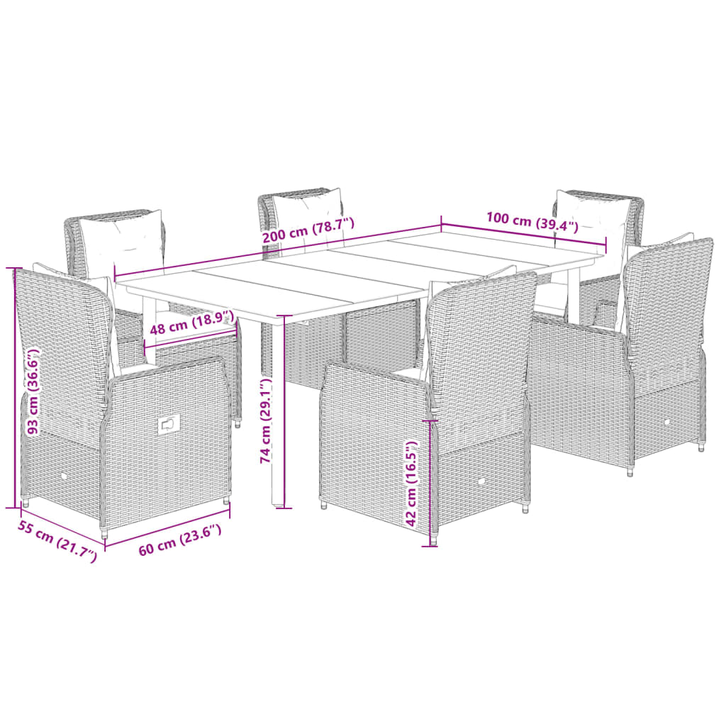 7-tlg. Garten-Essgruppe mit Kissen Braun Poly Rattan