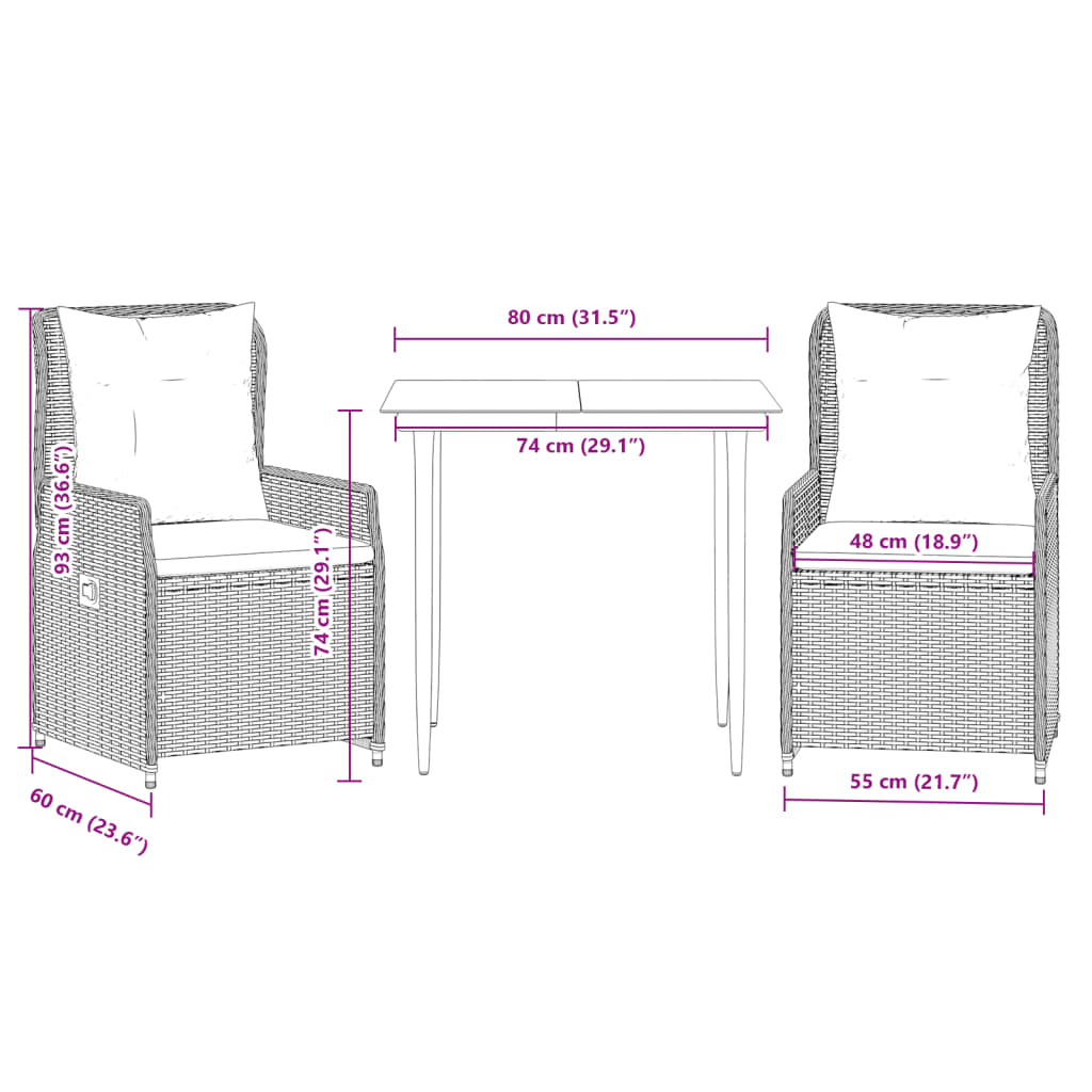 3-tlg. Garten-Essgruppe mit Kissen Grau Poly Rattan