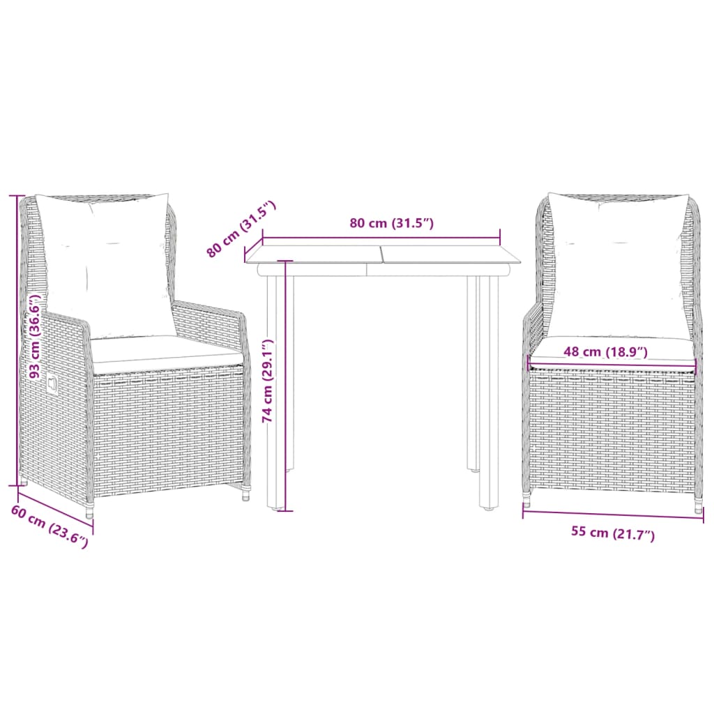3-tlg. Garten-Essgruppe mit Kissen Grau Poly Rattan