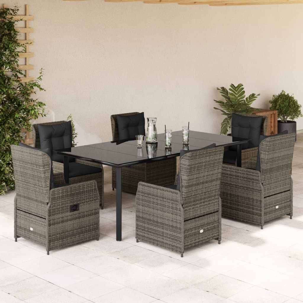 7-tlg. Garten-Essgruppe mit Kissen Grau Poly Rattan