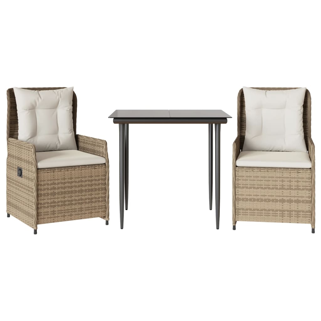 3-tlg. Garten-Essgruppe mit Kissen Beige Poly Rattan