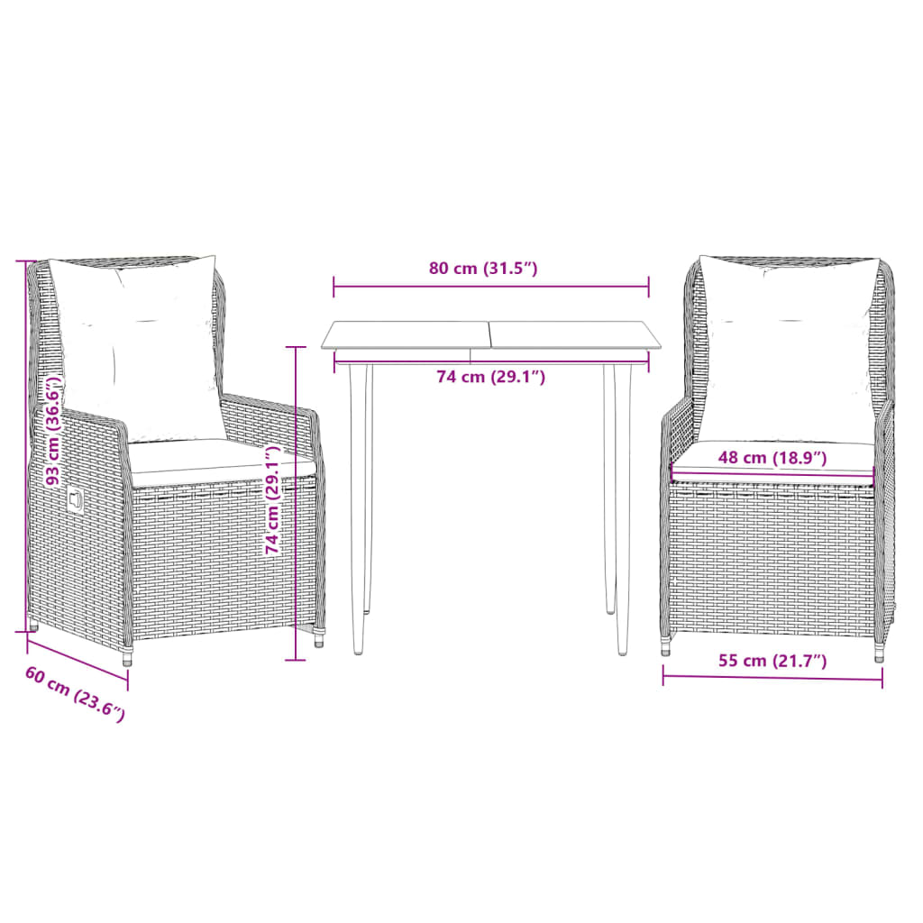 3-tlg. Garten-Essgruppe mit Kissen Beige Poly Rattan