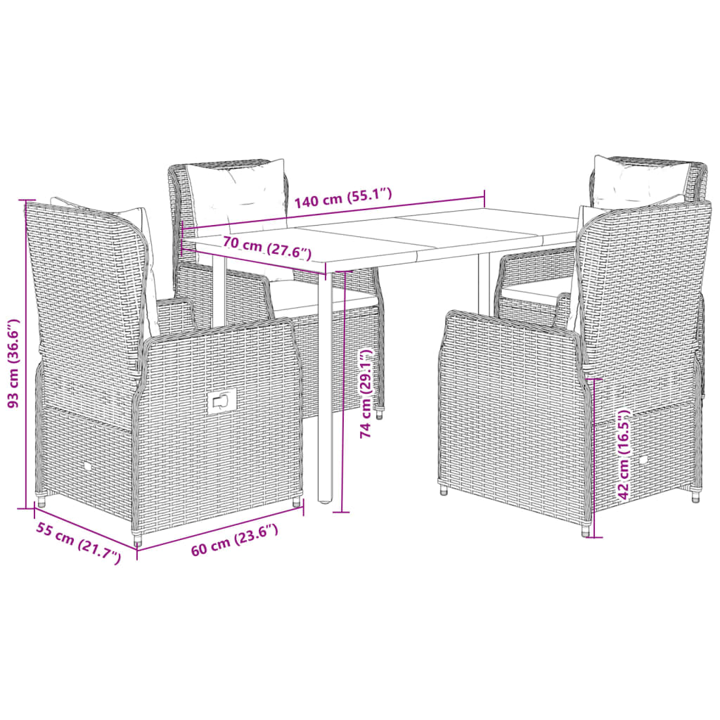 5-tlg. Garten-Essgruppe mit Kissen Beige Poly Rattan