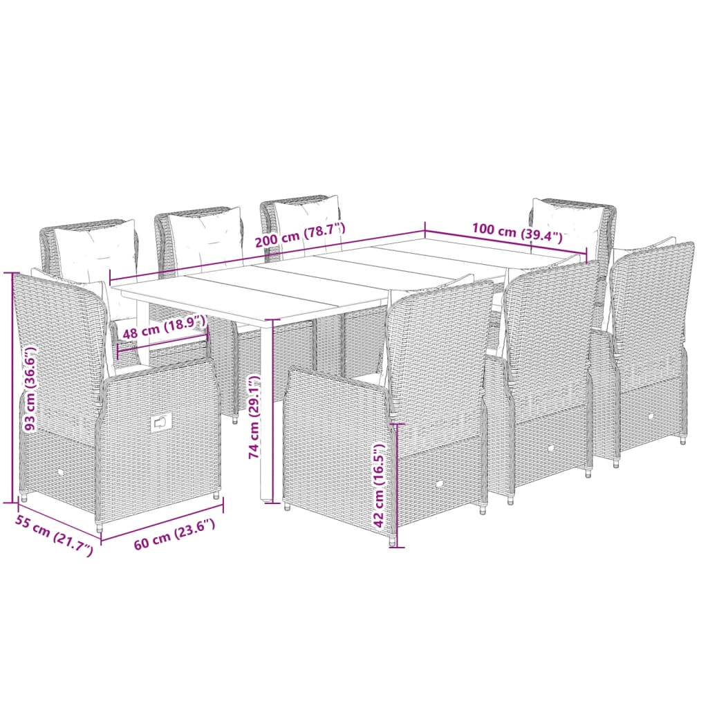 9-tlg. Garten-Essgruppe mit Kissen Beige Poly Rattan
