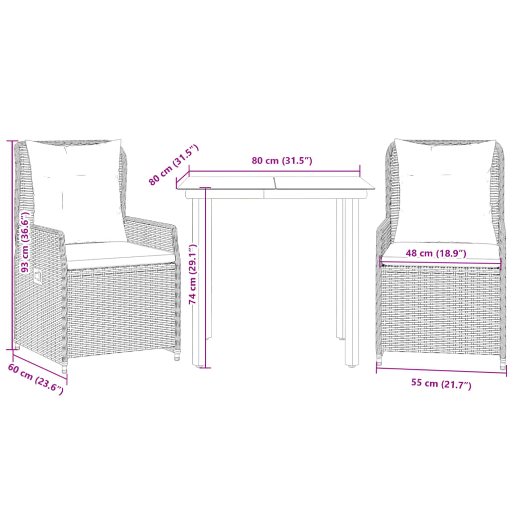 3-tlg. Garten-Essgruppe mit Kissen Hellgrau Poly Rattan