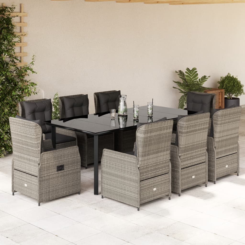 9-tlg. Garten-Essgruppe mit Kissen Hellgrau Poly Rattan