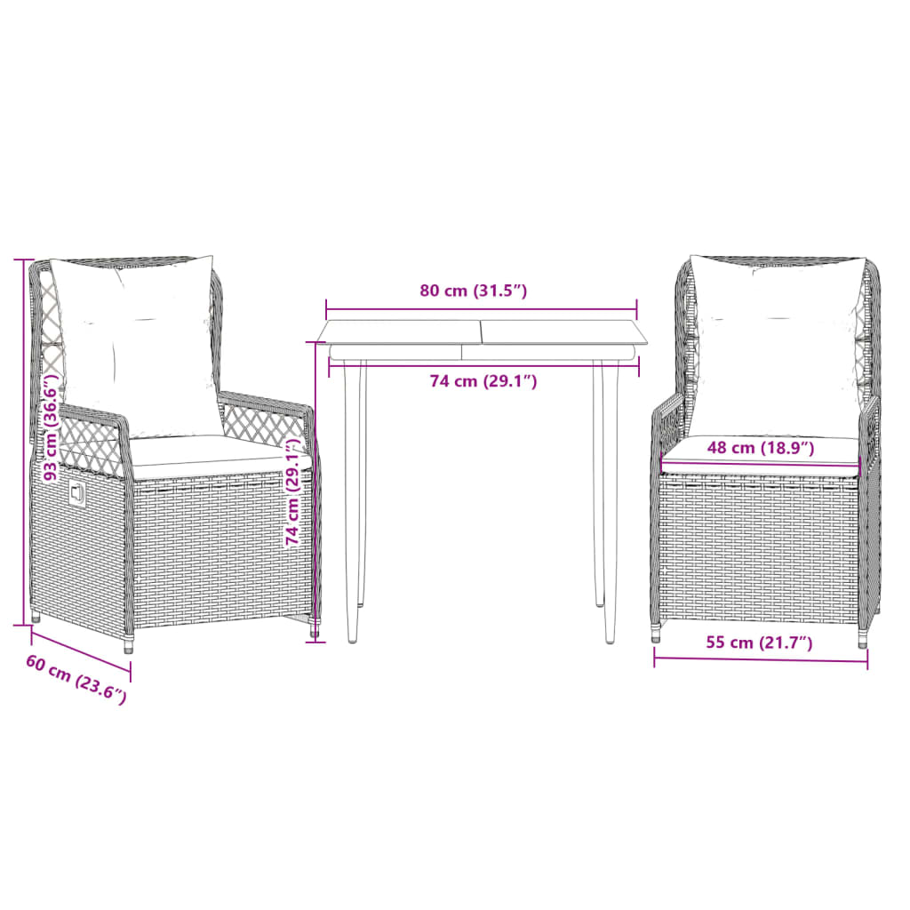 3-tlg. Garten-Essgruppe mit Kissen Schwarz Poly Rattan