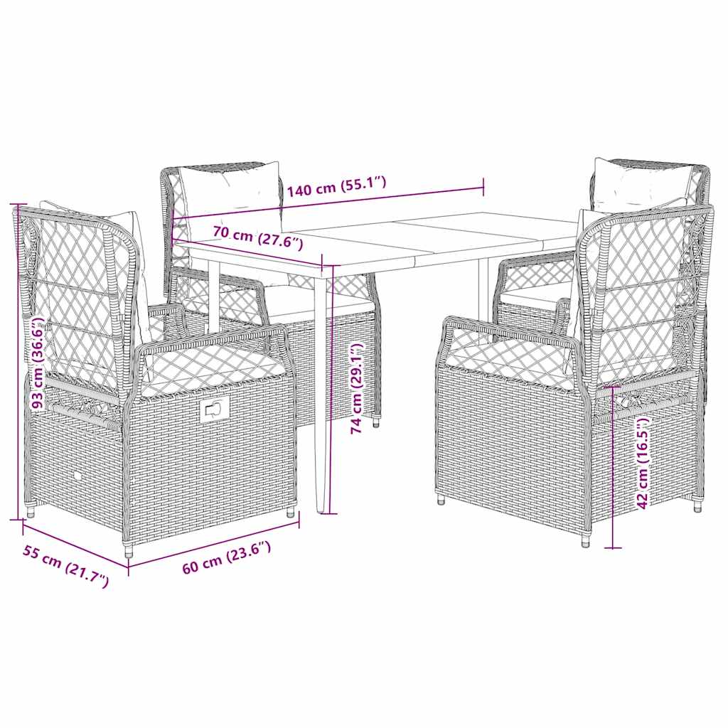 5-tlg. Garten-Essgruppe mit Kissen Schwarz Poly Rattan