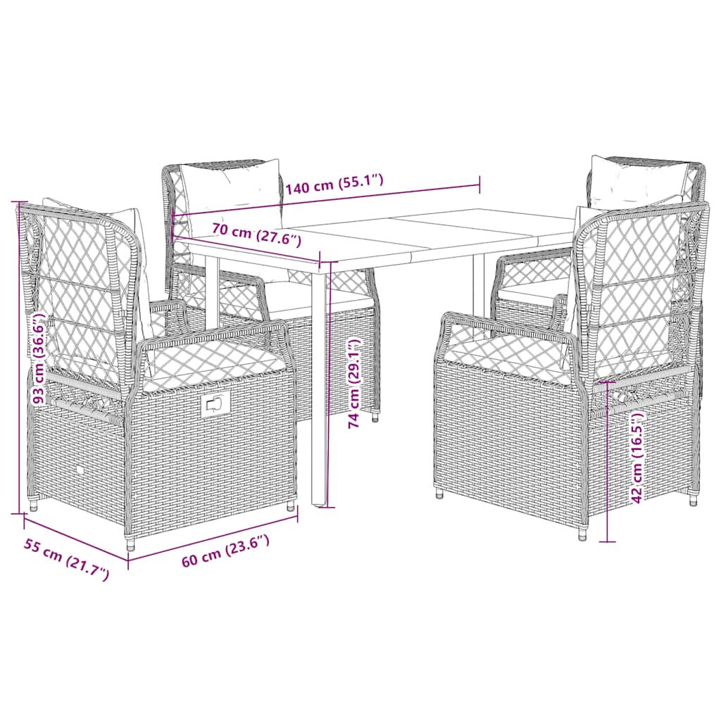 5-tlg. Garten-Essgruppe mit Kissen Schwarz Poly Rattan