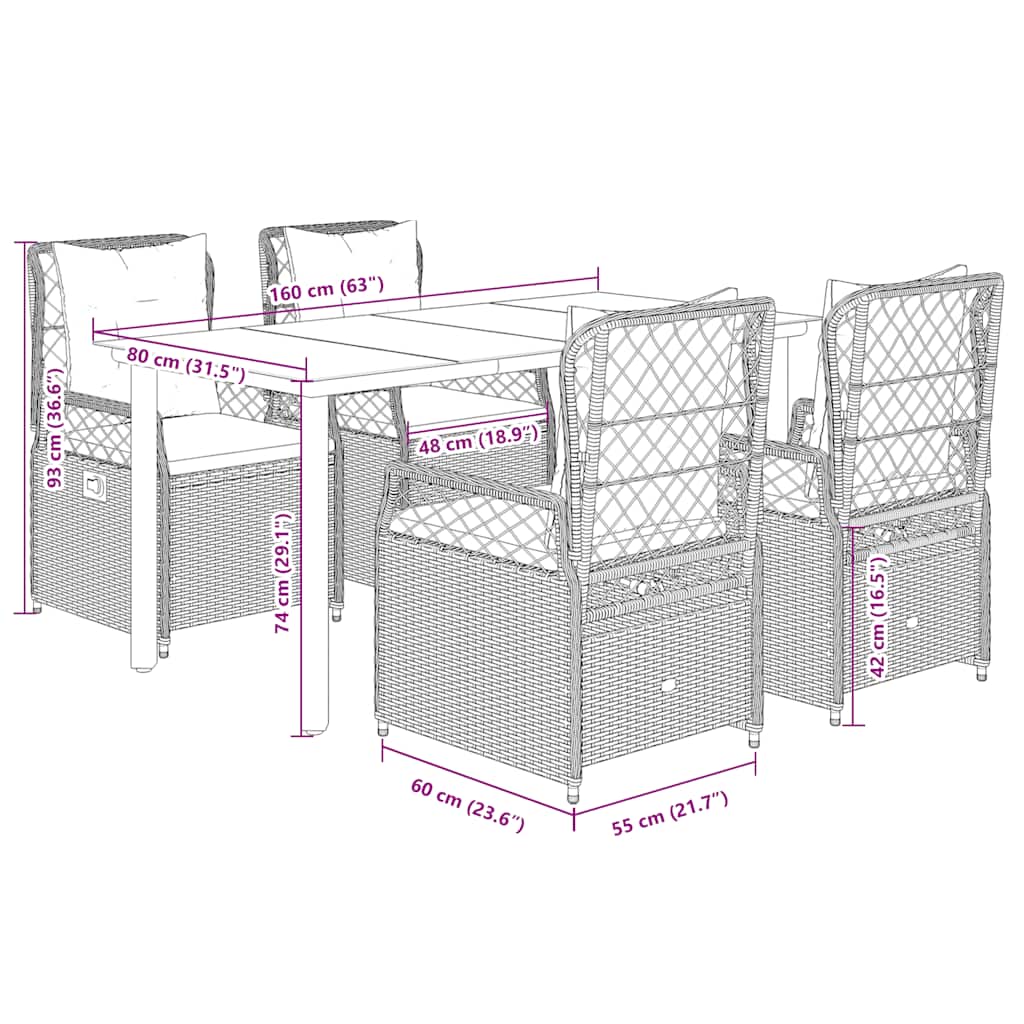 5-tlg. Garten-Essgruppe mit Kissen Schwarz Poly Rattan