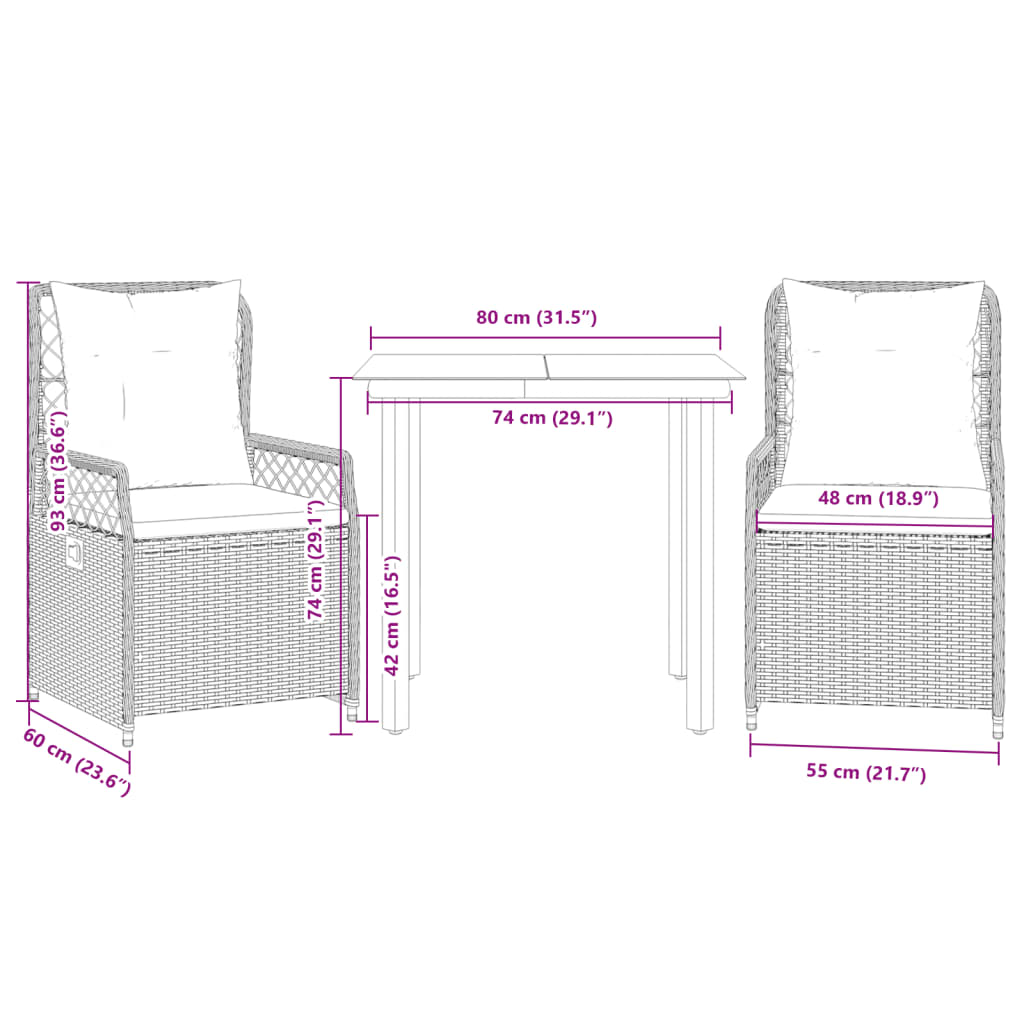 3-tlg. Garten-Essgruppe mit Kissen Braun Poly Rattan