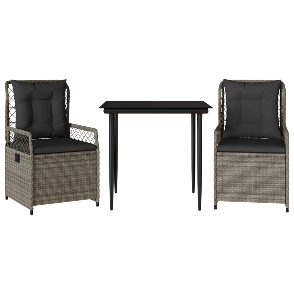 3-tlg. Garten-Essgruppe mit Kissen Grau Poly Rattan