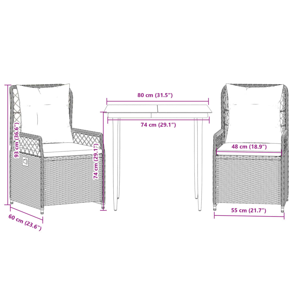3-tlg. Garten-Essgruppe mit Kissen Grau Poly Rattan