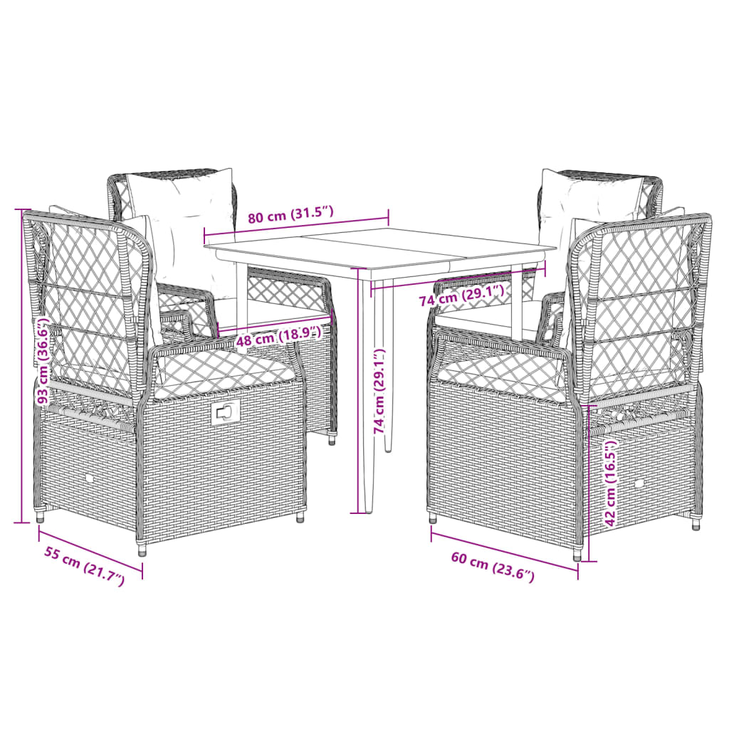 5-tlg. Garten-Essgruppe mit Kissen Grau Poly Rattan