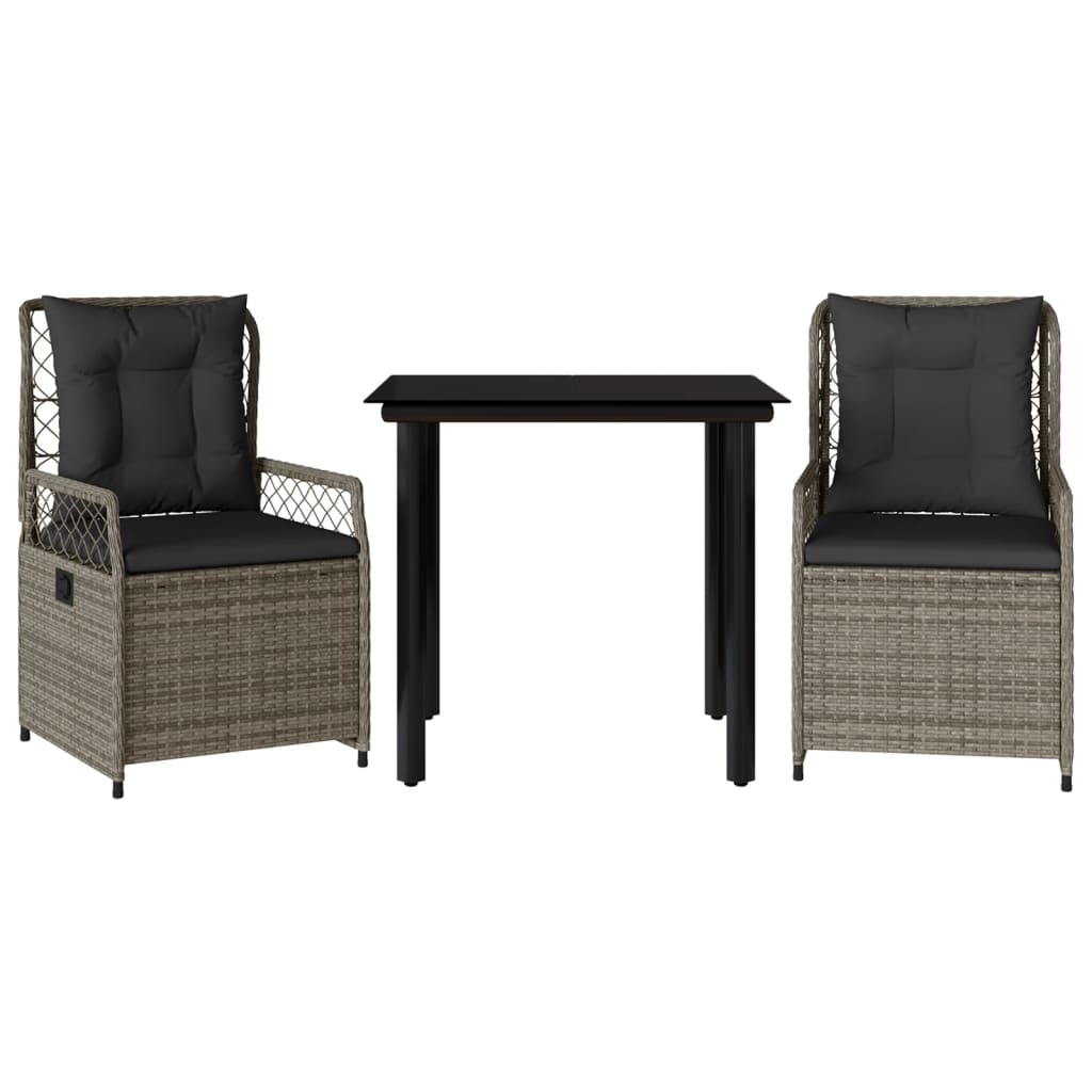 3-tlg. Garten-Essgruppe mit Kissen Grau Poly Rattan