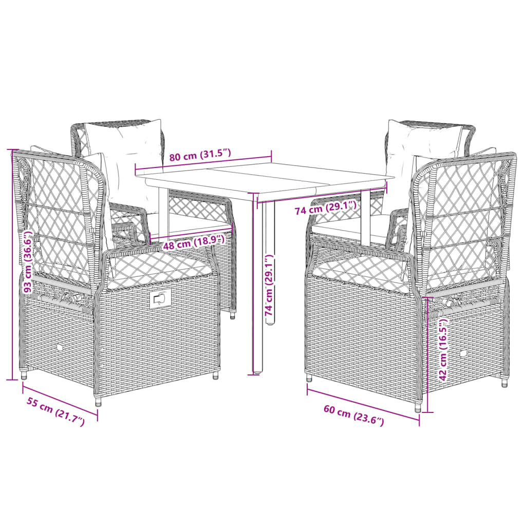 5-tlg. Garten-Essgruppe mit Kissen Grau Poly Rattan