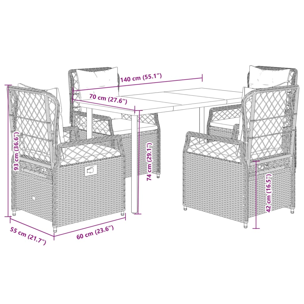 5-tlg. Garten-Essgruppe mit Kissen Grau Poly Rattan