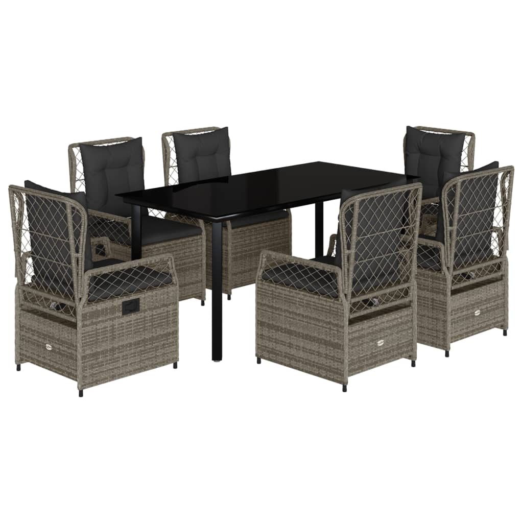 7-tlg. Garten-Essgruppe mit Kissen Grau Poly Rattan