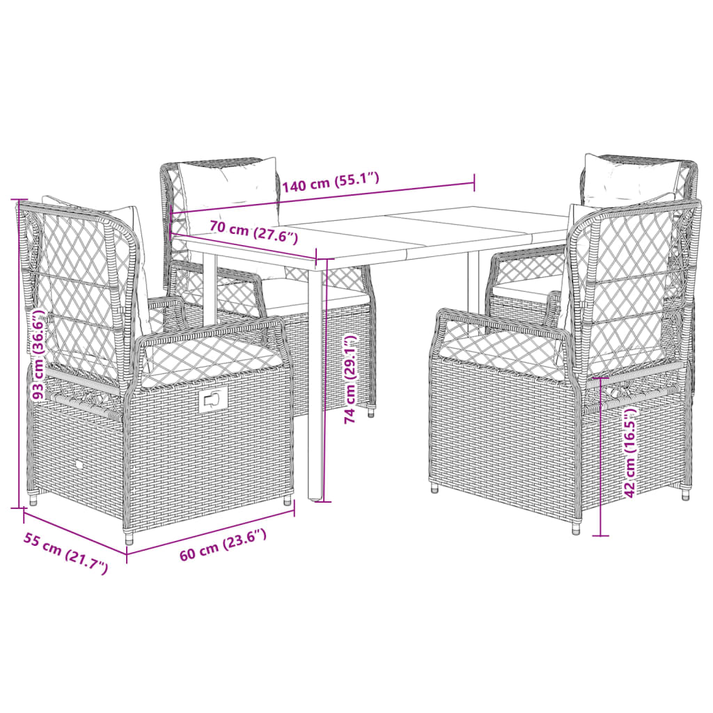 5-tlg. Garten-Essgruppe mit Kissen Beige Poly Rattan