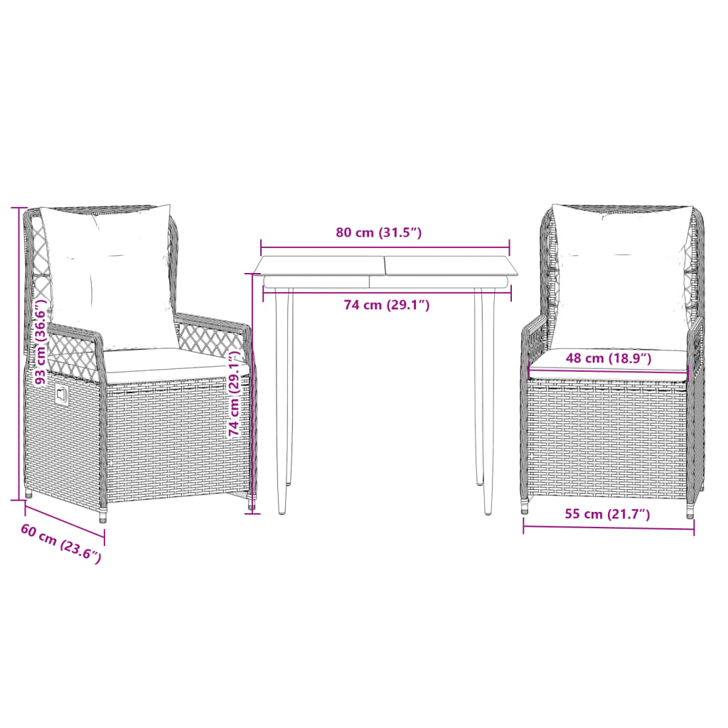 3-tlg. Garten-Essgruppe mit Kissen Hellgrau Poly Rattan